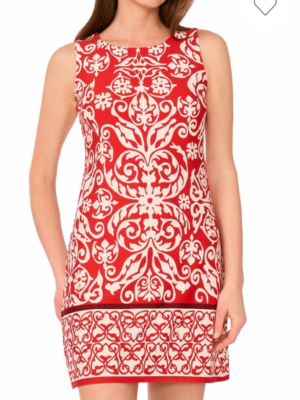 Vince Camuto Red & Cream Sleeveless Patterned Shift Dress